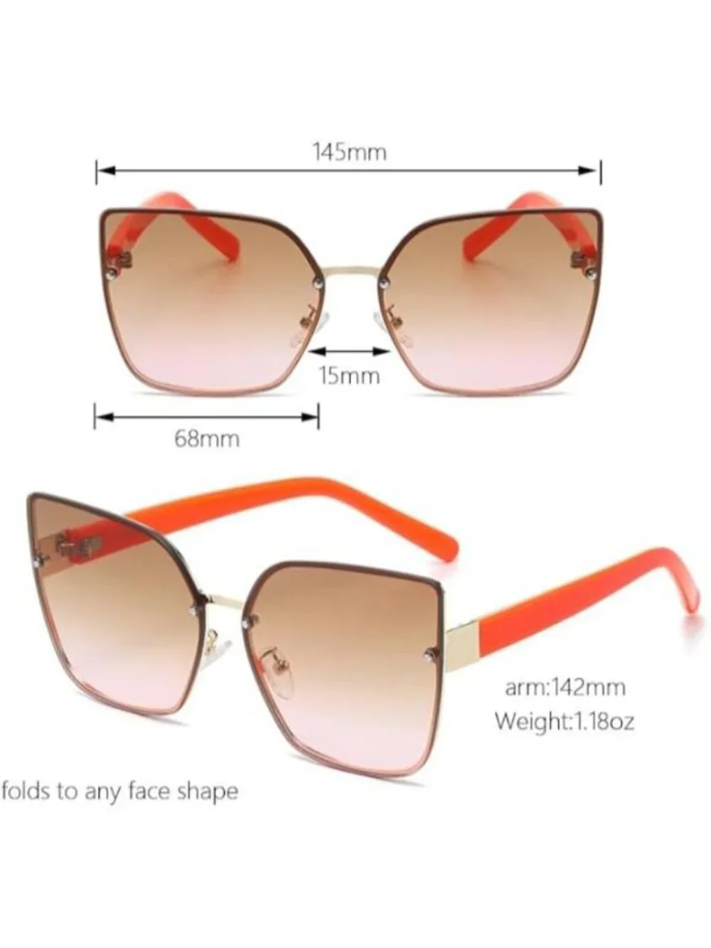 Women's Square Sunglasses Rimless Design Metal Frame Gold UV Protection Orange
